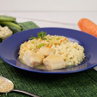 Tilápia ao Curry, Couscous de Quinoa e  Couve-flor Salteada -  370g - 269kcal - 30g Proteína